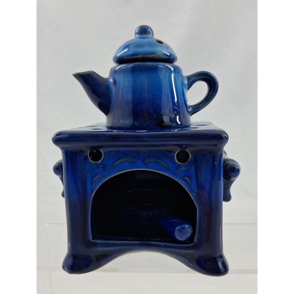 Blue Glazed Ceramic Miniature Stove and Teapot Oil Warmer Tea Light Diffuser